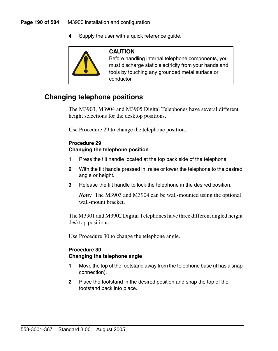 Changing telephone positions, Procedure 29 changing the telephone position, Procedure 30 changing the telephone angle | Nortel Networks M3110 User Manual | Page 190 / 506