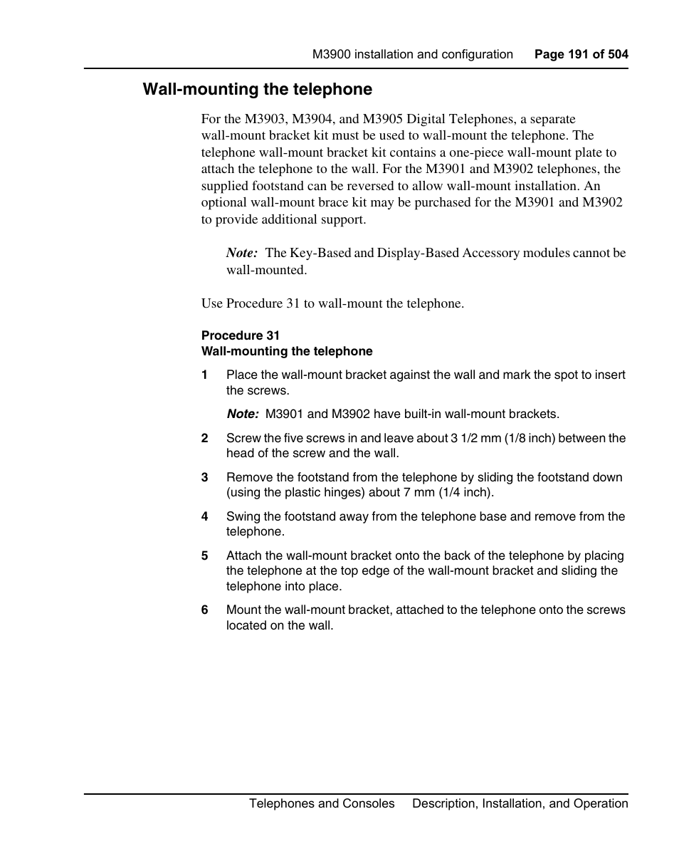 Wall-mounting the telephone, Procedure 31 wall-mounting the telephone | Nortel Networks M3110 User Manual | Page 191 / 506