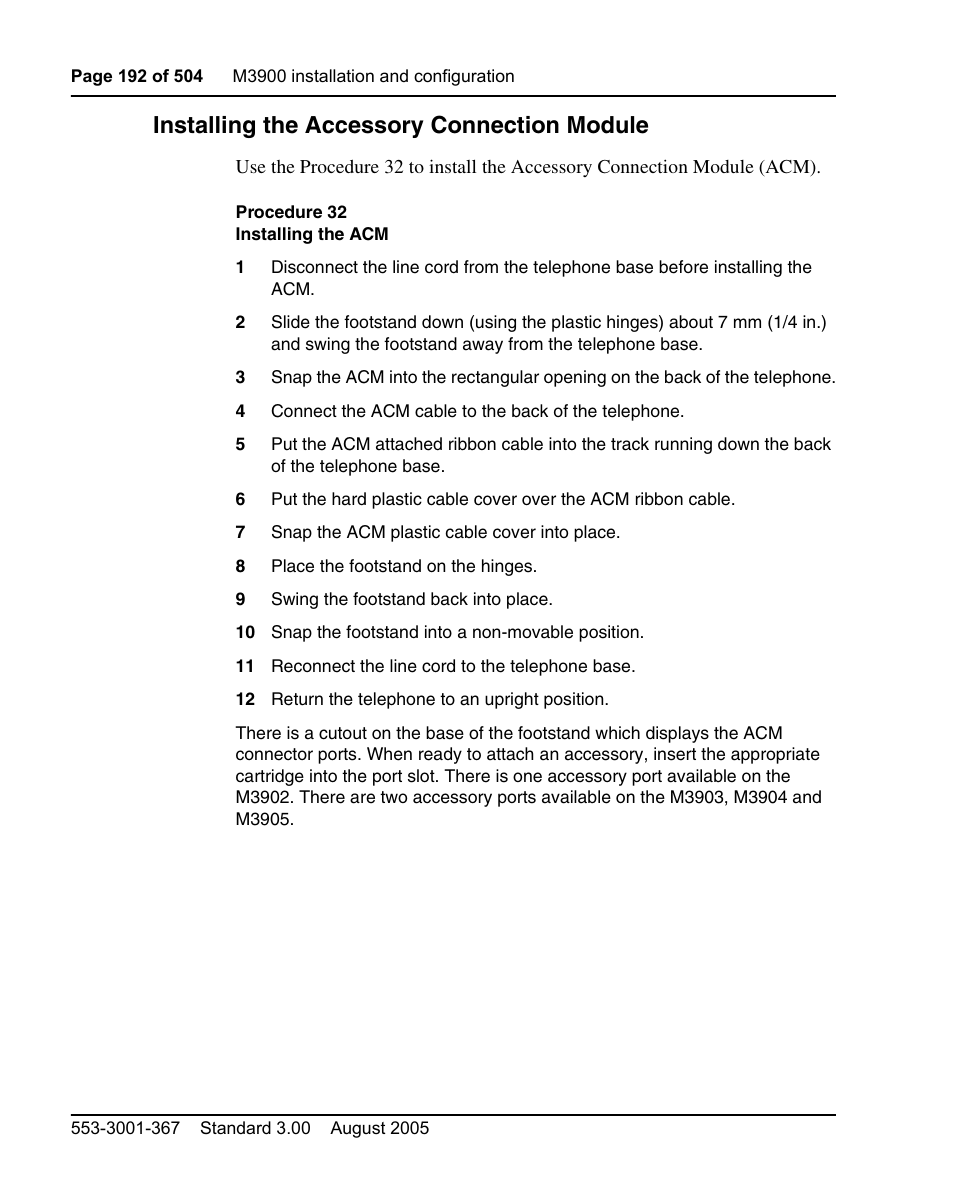 Installing the accessory connection module, Procedure 32 installing the acm | Nortel Networks M3110 User Manual | Page 192 / 506