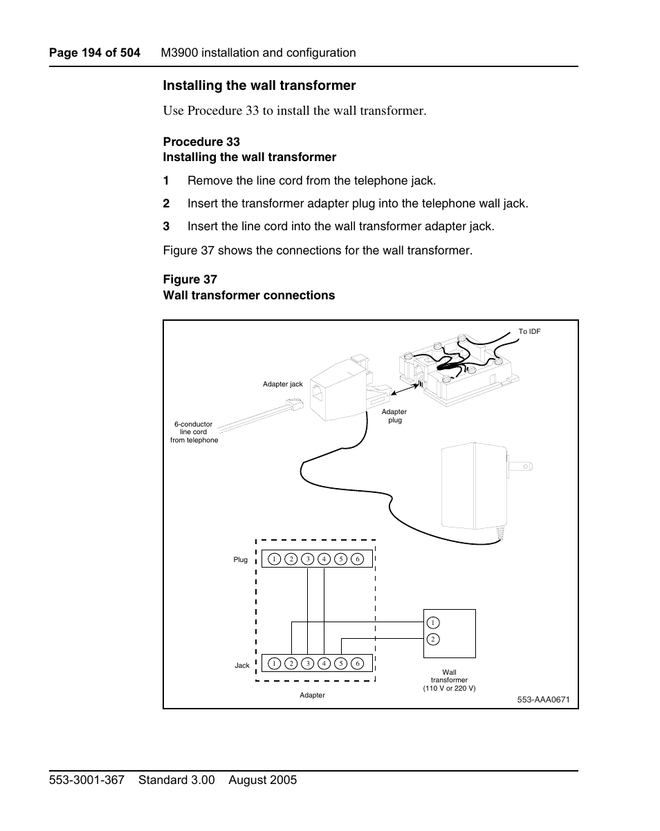 Procedure 33 installing the wall transformer, Ure “installing the wall transformer” on | Nortel Networks M3110 User Manual | Page 194 / 506