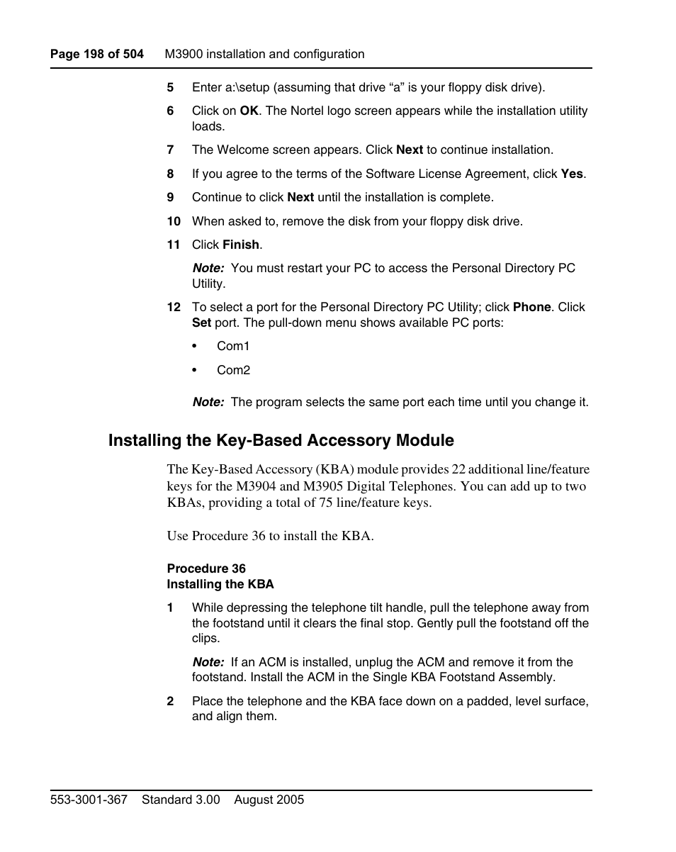 Installing the key-based accessory module, Procedure 36 installing the kba | Nortel Networks M3110 User Manual | Page 198 / 506