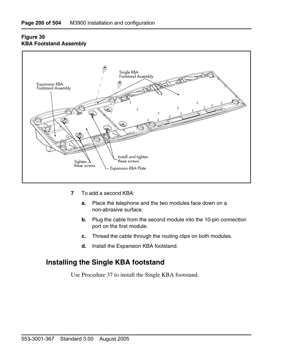 Installing the single kba footstand | Nortel Networks M3110 User Manual | Page 200 / 506