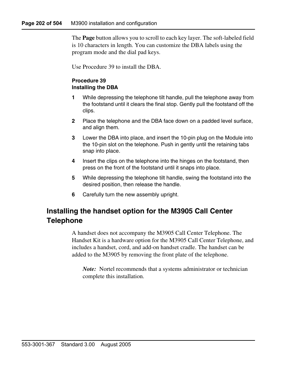 Procedure 39 installing the dba | Nortel Networks M3110 User Manual | Page 202 / 506