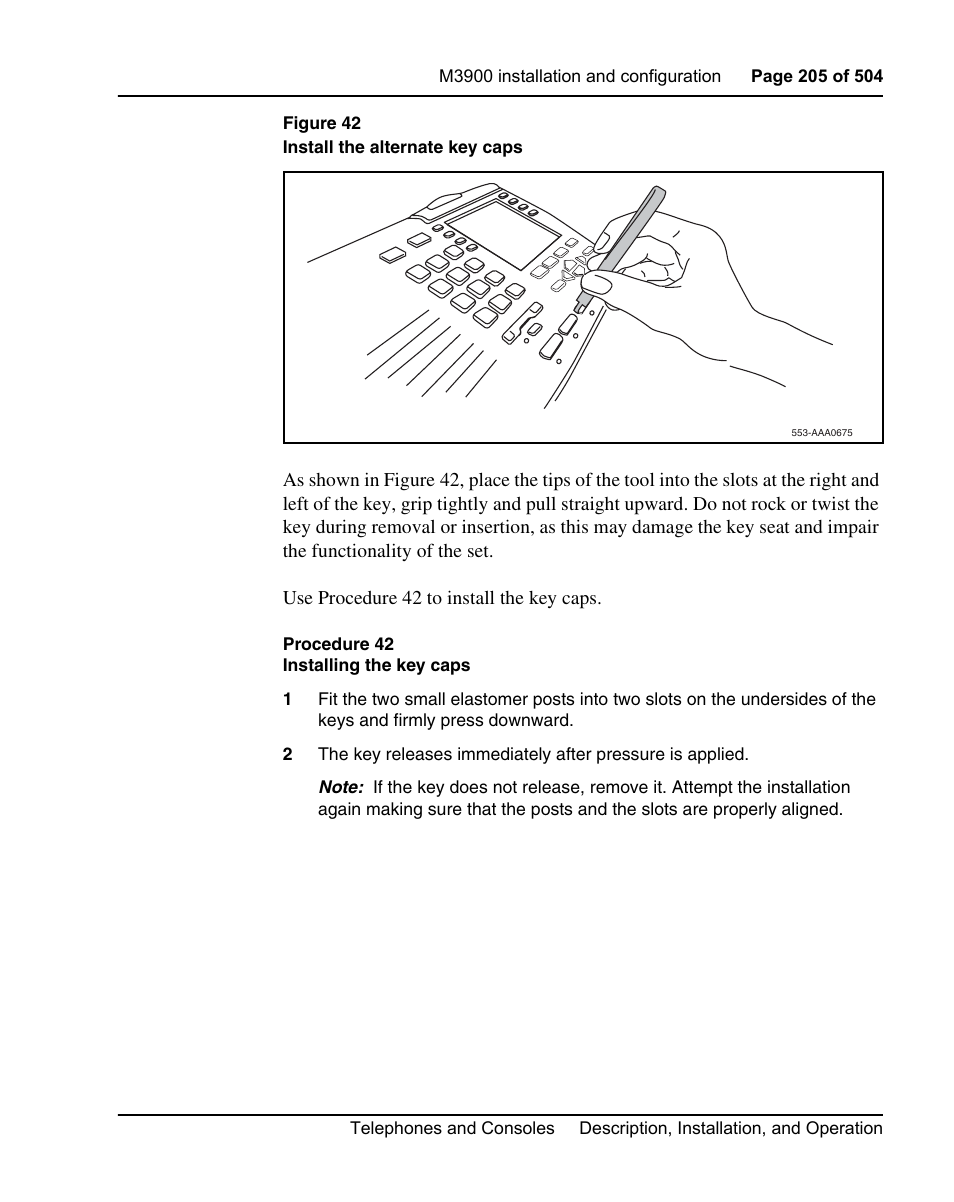 Procedure 42 installing the key caps | Nortel Networks M3110 User Manual | Page 205 / 506