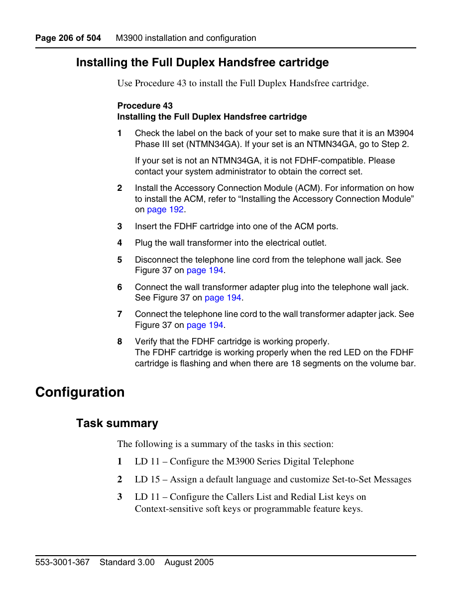 Installing the full duplex handsfree cartridge, Configuration, Task summary | Nortel Networks M3110 User Manual | Page 206 / 506