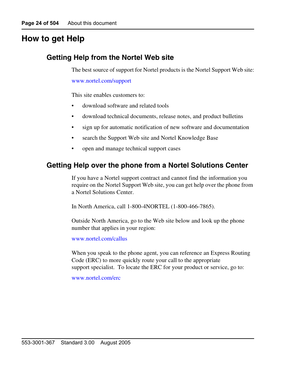 How to get help, Getting help from the nortel web site | Nortel Networks M3110 User Manual | Page 24 / 506