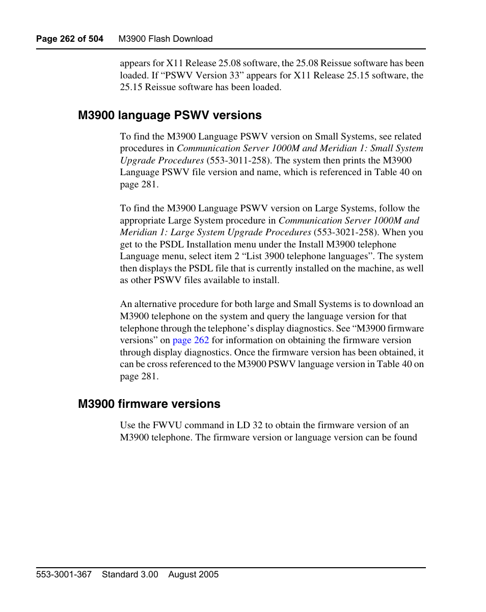 M3900 language pswv versions, M3900 firmware versions | Nortel Networks M3110 User Manual | Page 262 / 506