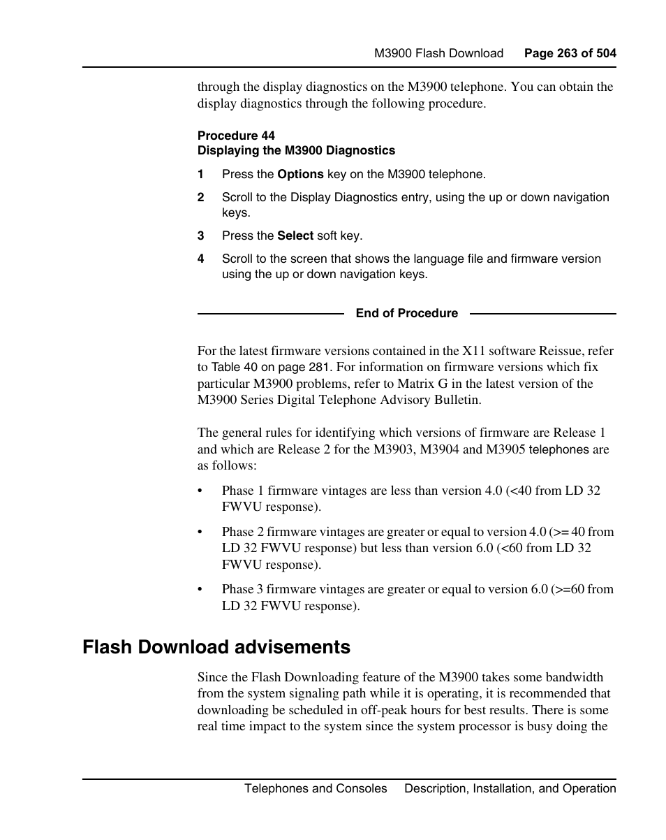 Flash download advisements, Procedure 44 displaying the m3900 diagnostics | Nortel Networks M3110 User Manual | Page 263 / 506
