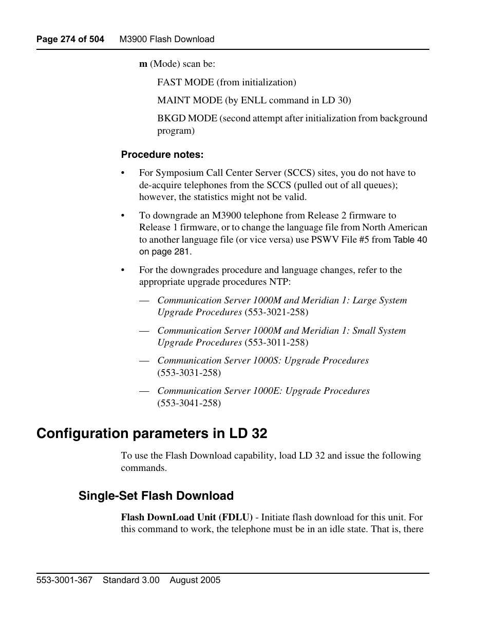 Configuration parameters in ld 32, Single-set flash download | Nortel Networks M3110 User Manual | Page 274 / 506