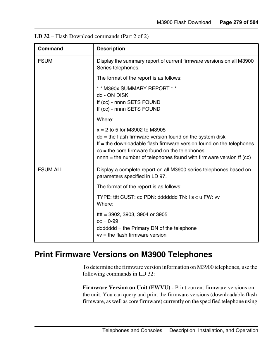Print firmware versions on m3900 telephones | Nortel Networks M3110 User Manual | Page 279 / 506
