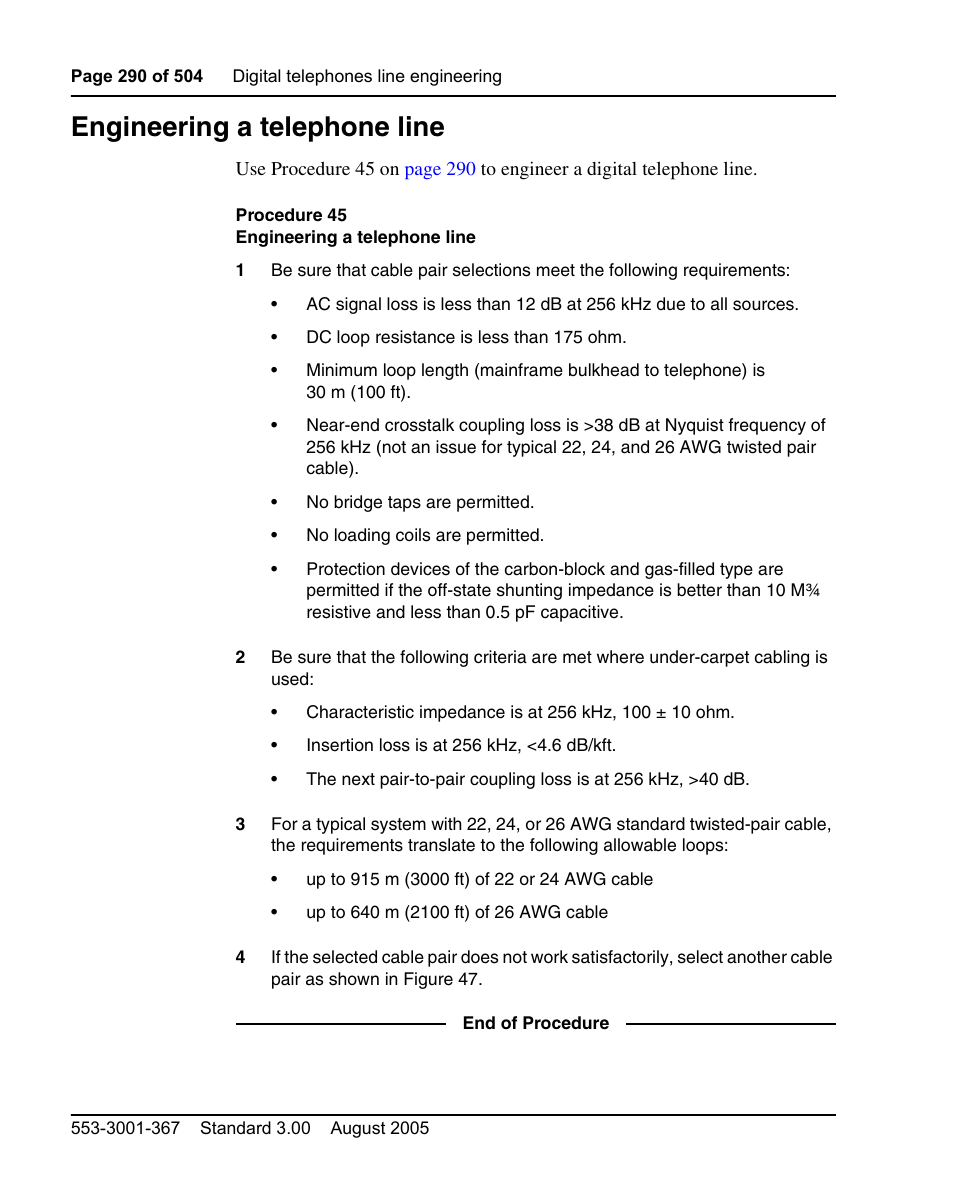 Engineering a telephone line, Procedure 45 engineering a telephone line | Nortel Networks M3110 User Manual | Page 290 / 506