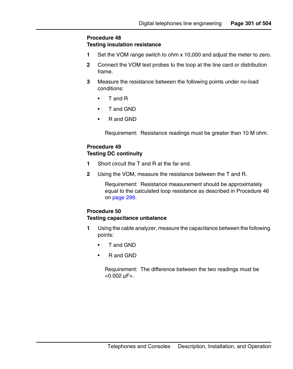 Procedure 48 testing insulation resistance, Procedure 49 testing dc continuity, Procedure 50 testing capacitance unbalance | Nortel Networks M3110 User Manual | Page 301 / 506