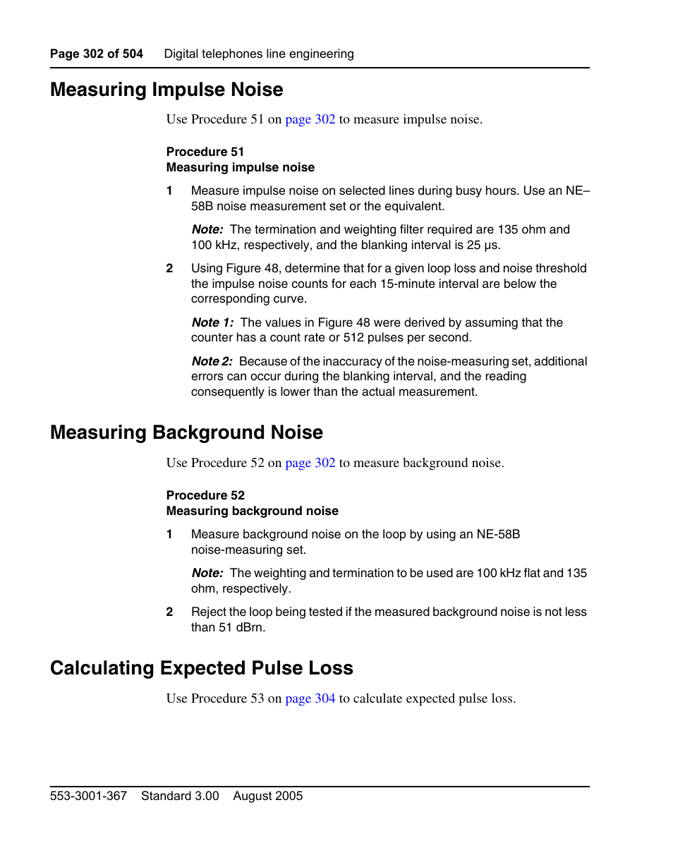 Measuring impulse noise, Measuring background noise, Calculating expected pulse loss | Procedure 51 measuring impulse noise, Procedure 52 measuring background noise | Nortel Networks M3110 User Manual | Page 302 / 506