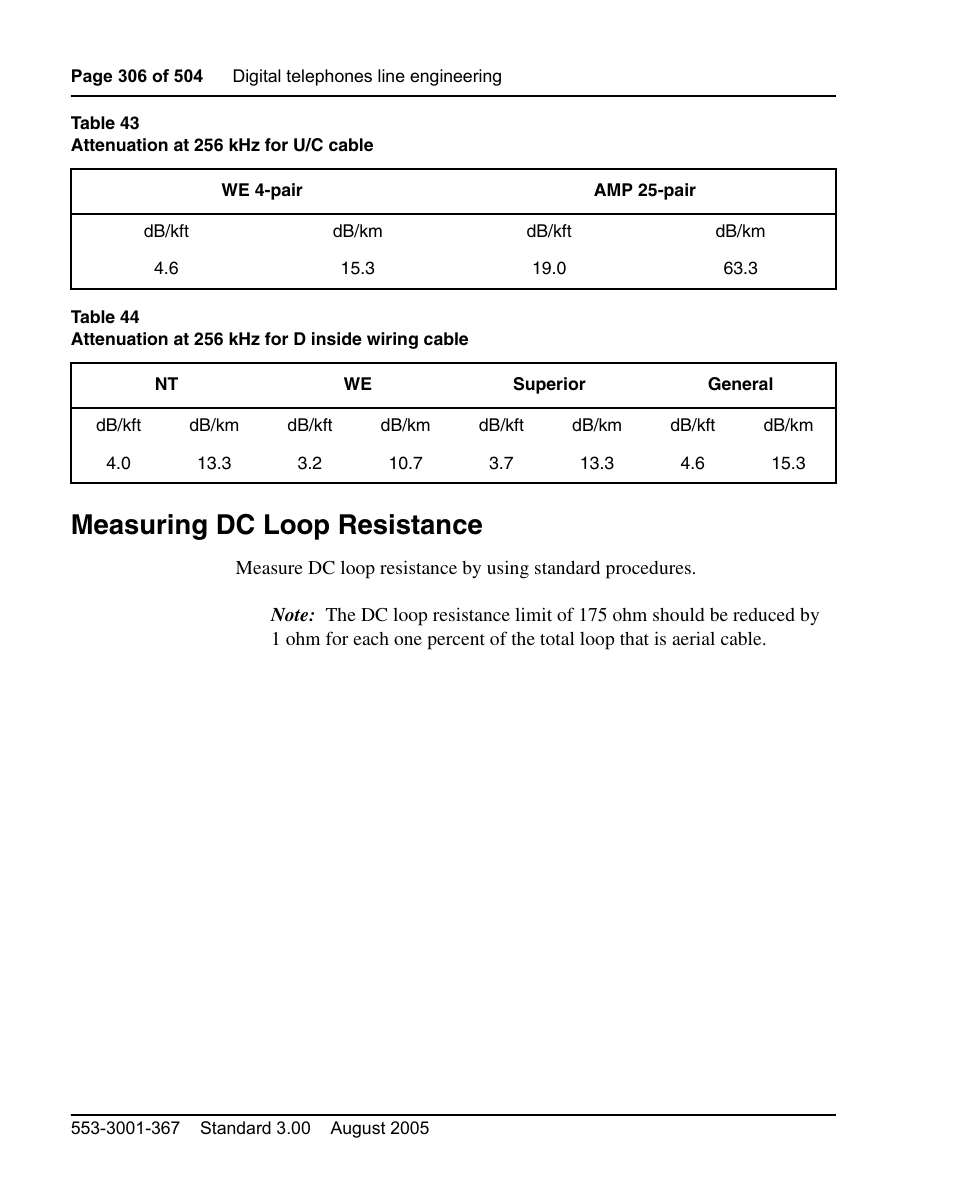 Measuring dc loop resistance, See table 43 on, Table 44 on | D table 43 on | Nortel Networks M3110 User Manual | Page 306 / 506