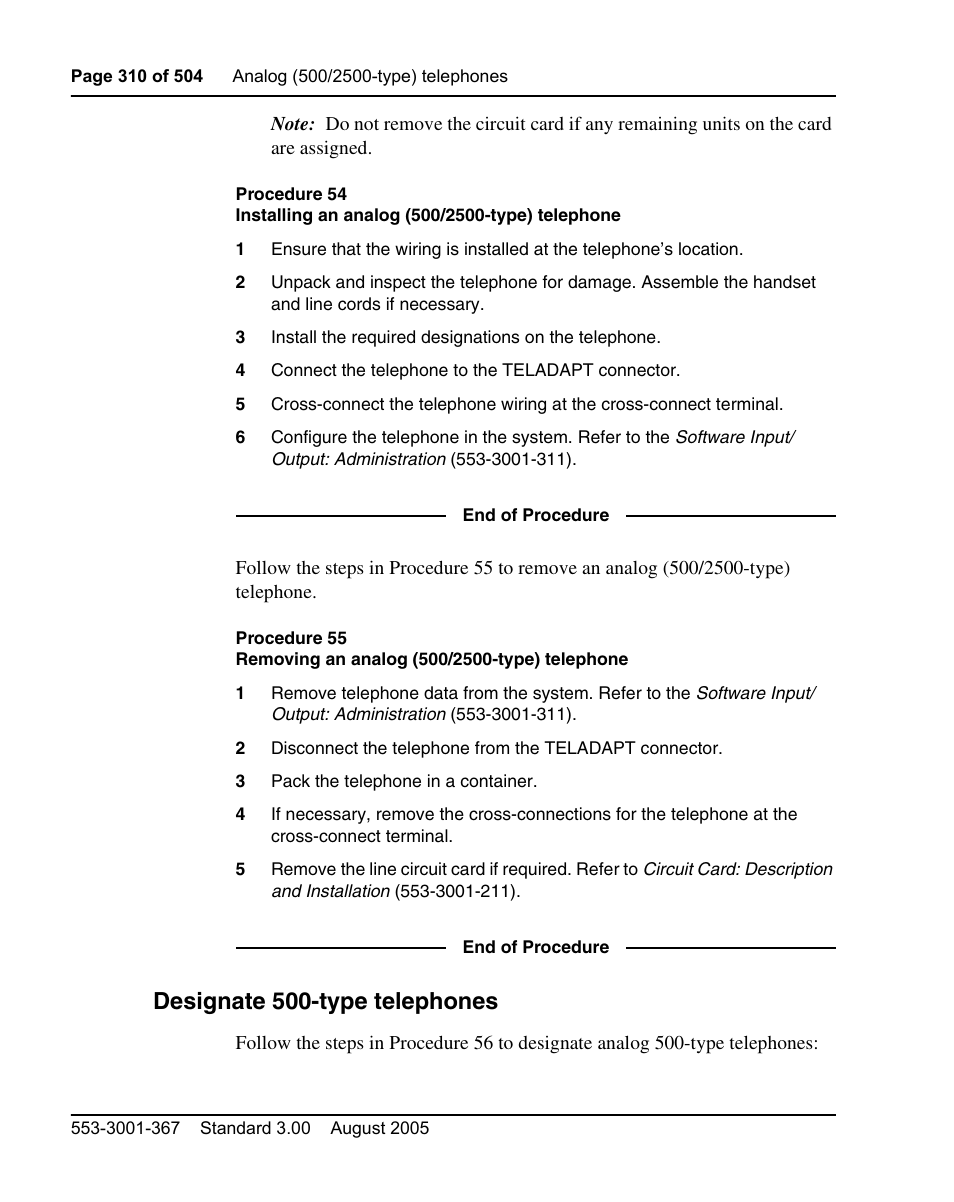 Designate 500-type telephones, W the steps in procedure 54 to | Nortel Networks M3110 User Manual | Page 310 / 506