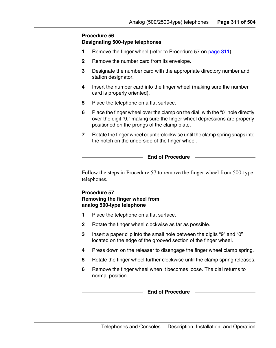 Procedure 56 designating 500-type telephones | Nortel Networks M3110 User Manual | Page 311 / 506
