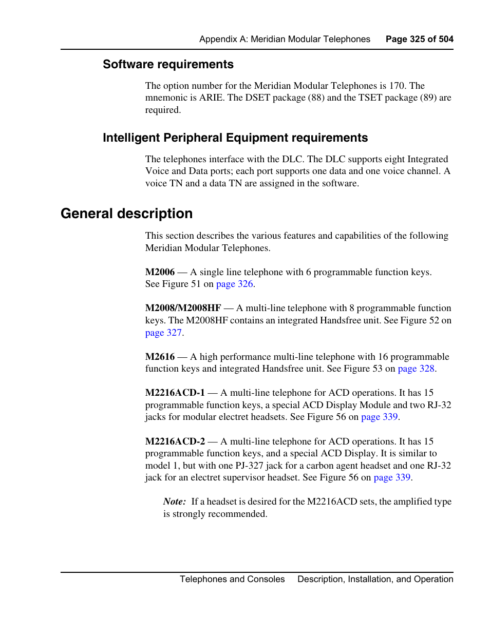 Software requirements, Intelligent peripheral equipment requirements, General description | Nortel Networks M3110 User Manual | Page 325 / 506