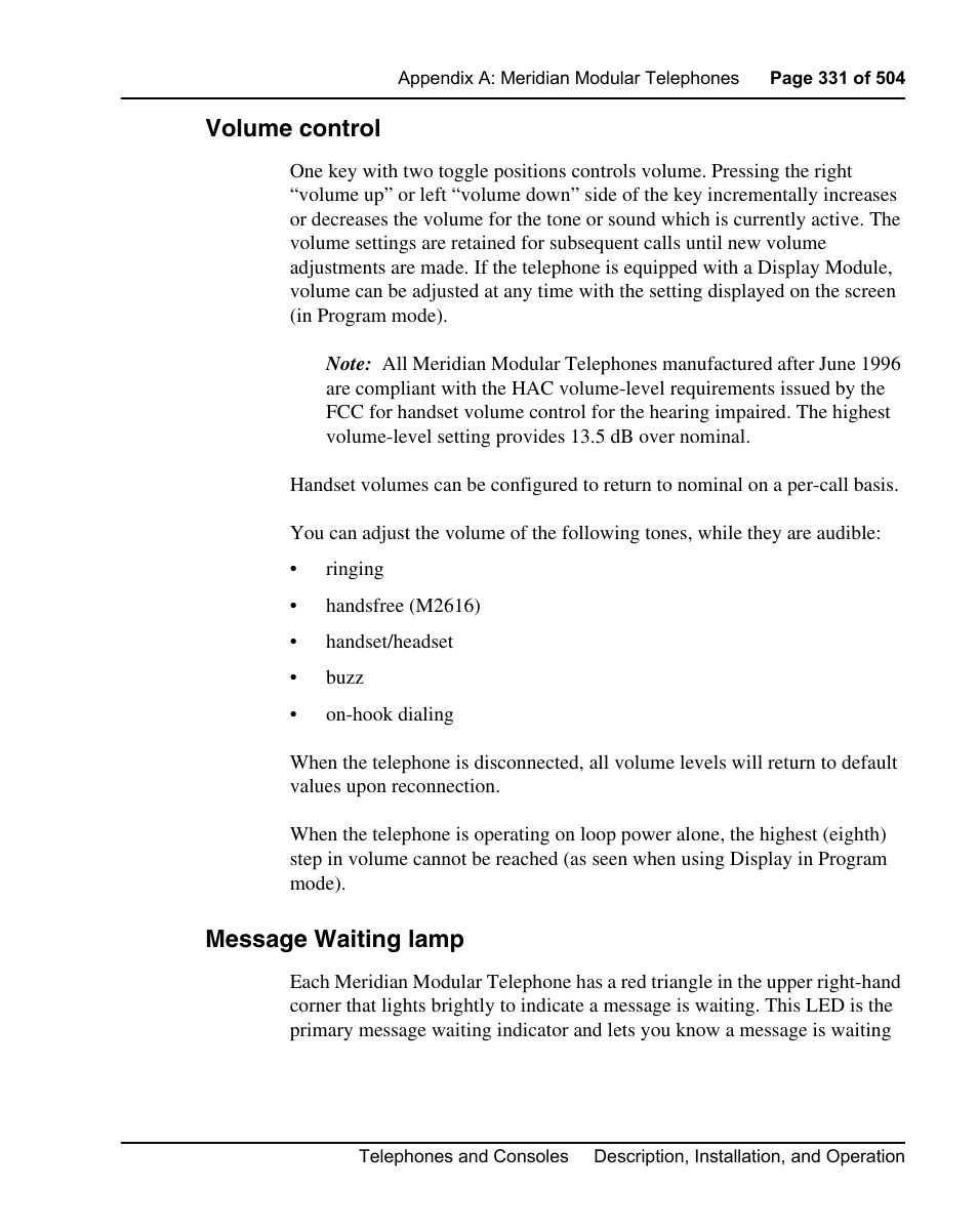 Volume control, Message waiting lamp | Nortel Networks M3110 User Manual | Page 331 / 506