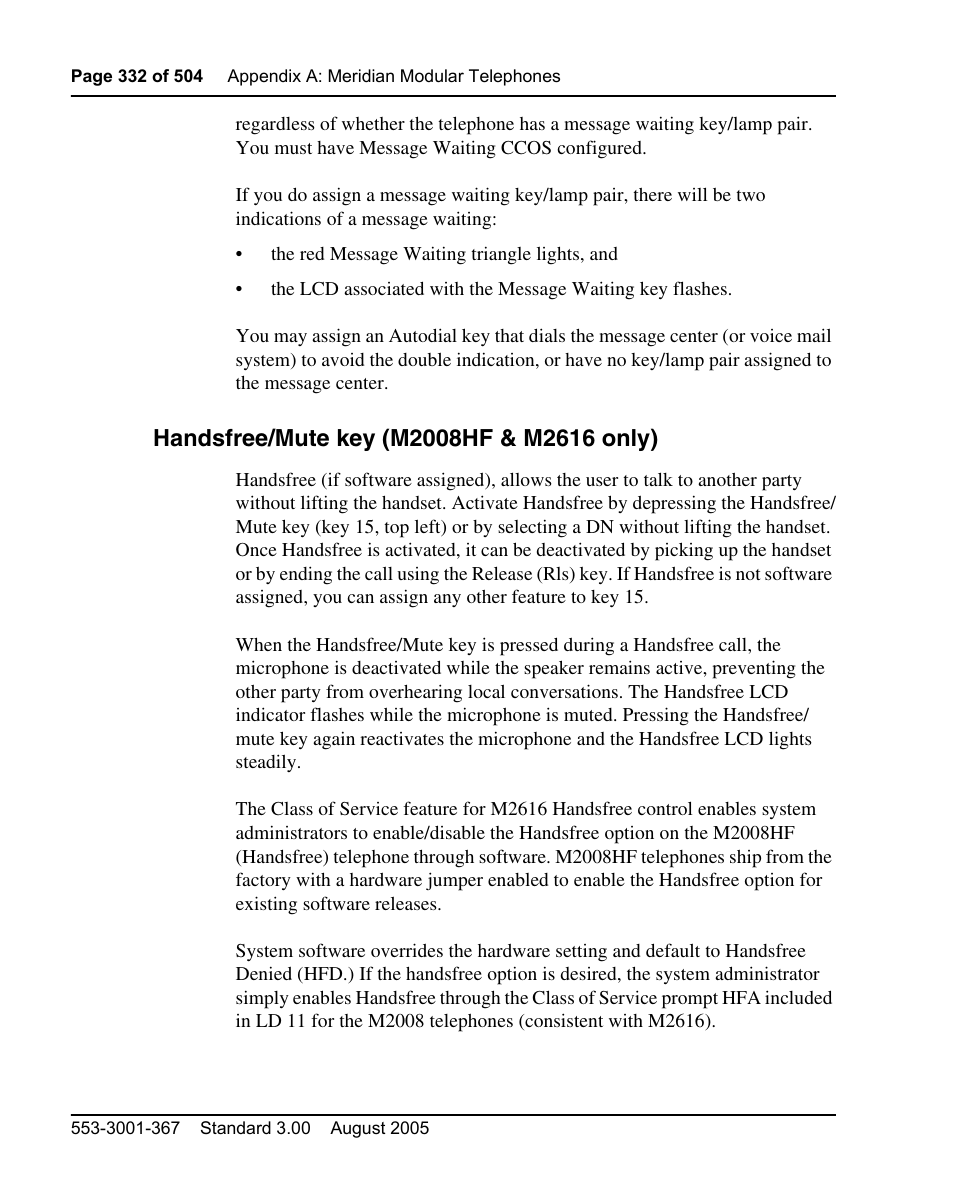 Handsfree/mute key (m2008hf & m2616 only) | Nortel Networks M3110 User Manual | Page 332 / 506