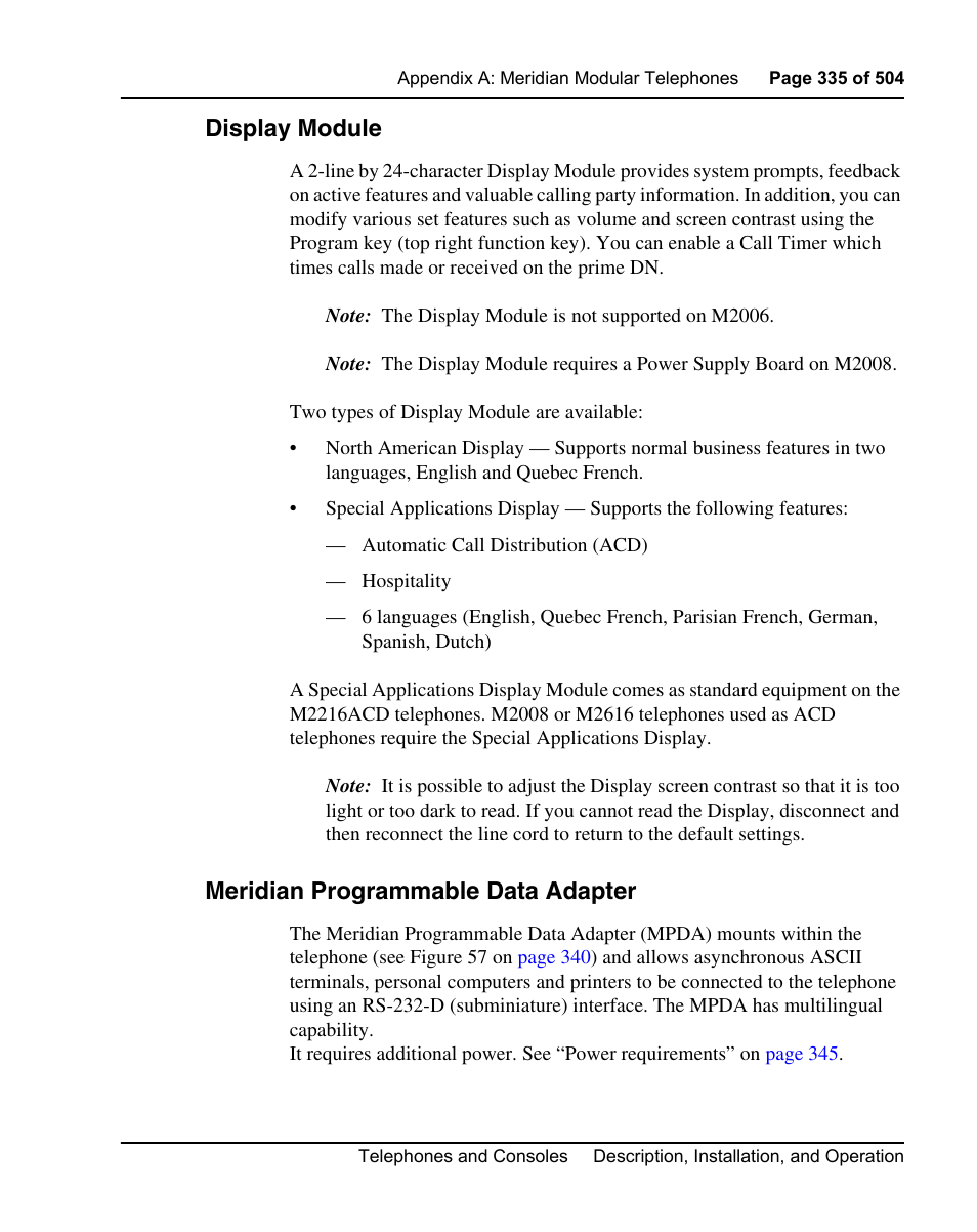 Display module, Meridian programmable data adapter | Nortel Networks M3110 User Manual | Page 335 / 506