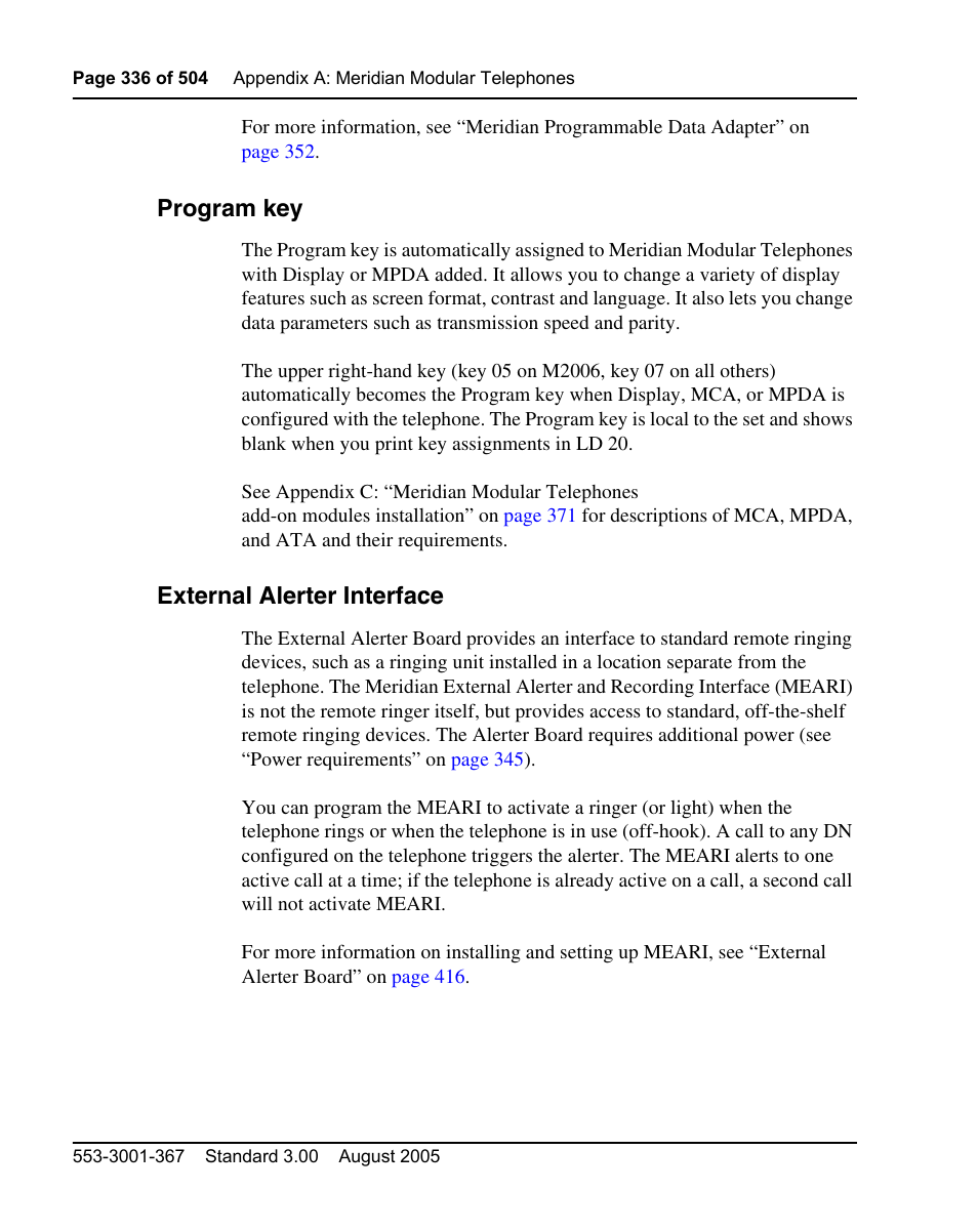 Program key, External alerter interface | Nortel Networks M3110 User Manual | Page 336 / 506