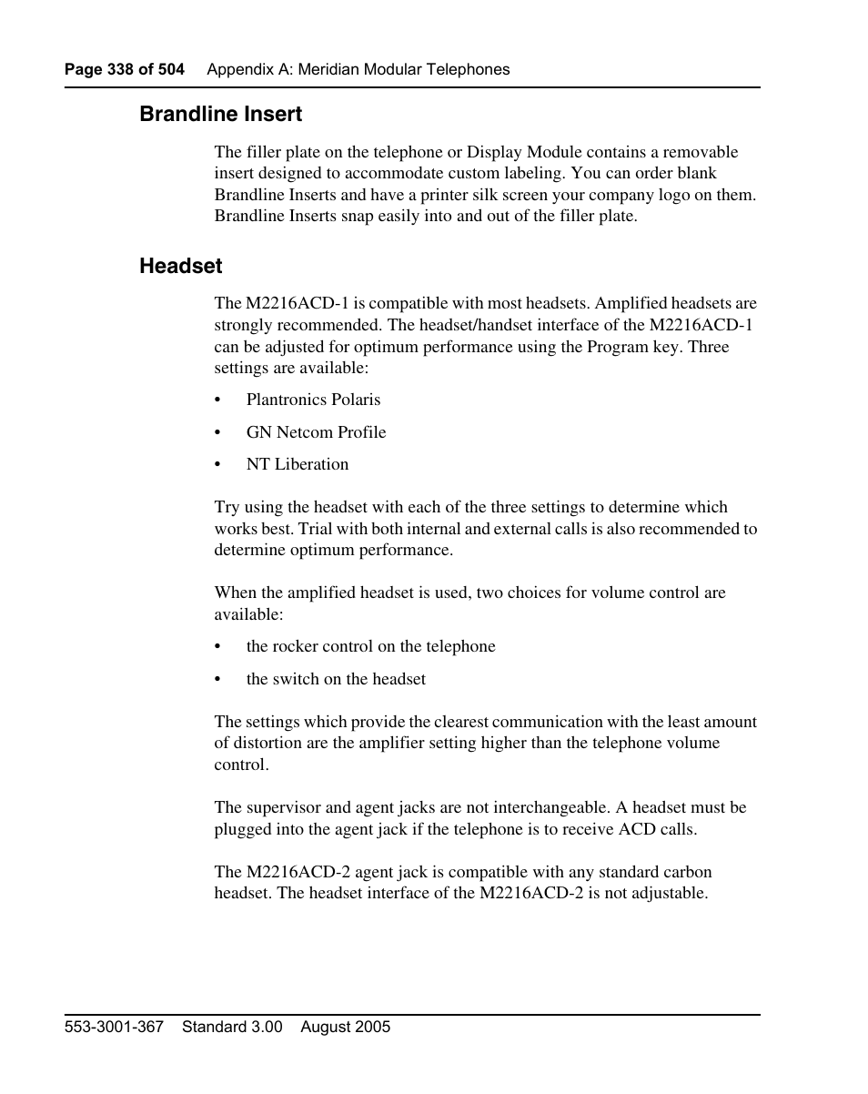 Brandline insert, Headset | Nortel Networks M3110 User Manual | Page 338 / 506