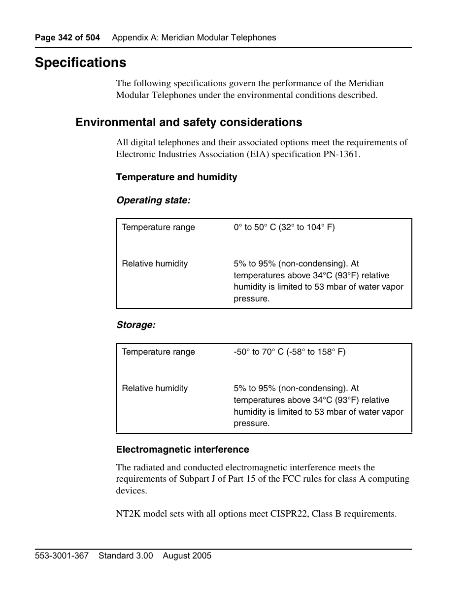 Specifications, Environmental and safety considerations | Nortel Networks M3110 User Manual | Page 342 / 506