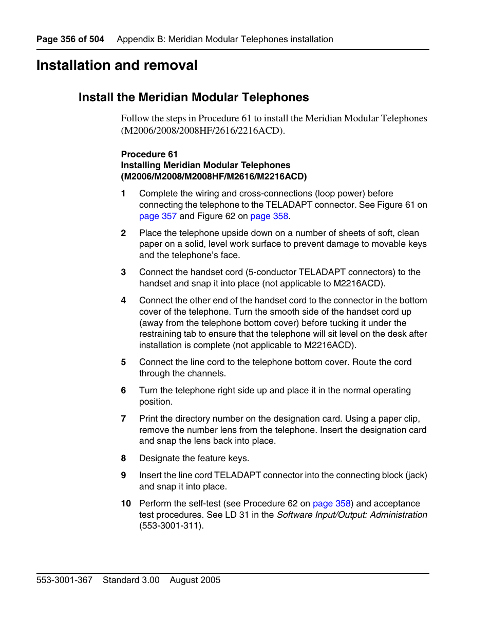 Installation and removal, Install the meridian modular telephones | Nortel Networks M3110 User Manual | Page 356 / 506