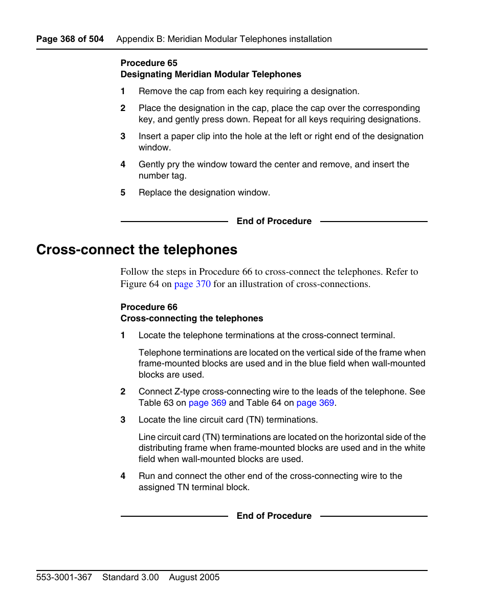 Cross-connect the telephones, Procedure 66 cross-connecting the telephones | Nortel Networks M3110 User Manual | Page 368 / 506