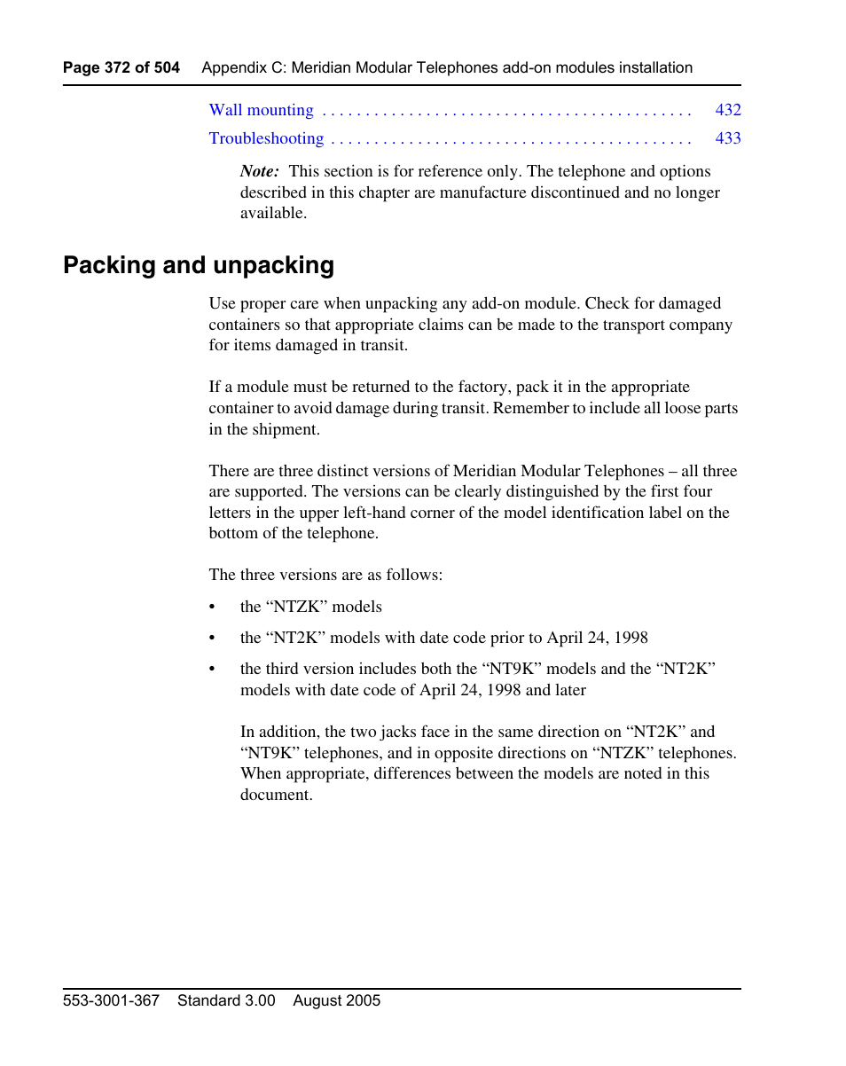Packing and unpacking | Nortel Networks M3110 User Manual | Page 372 / 506