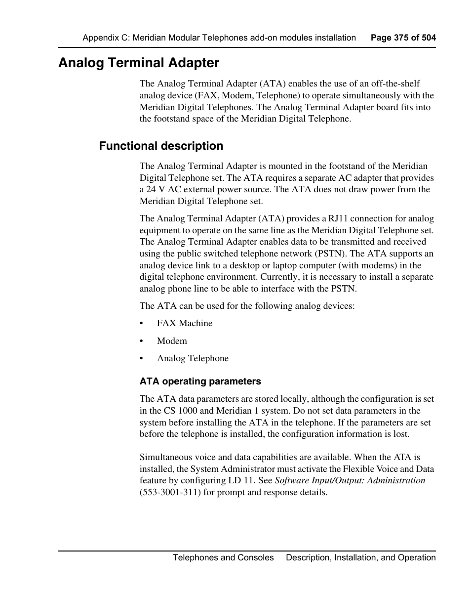 Analog terminal adapter, Functional description | Nortel Networks M3110 User Manual | Page 375 / 506