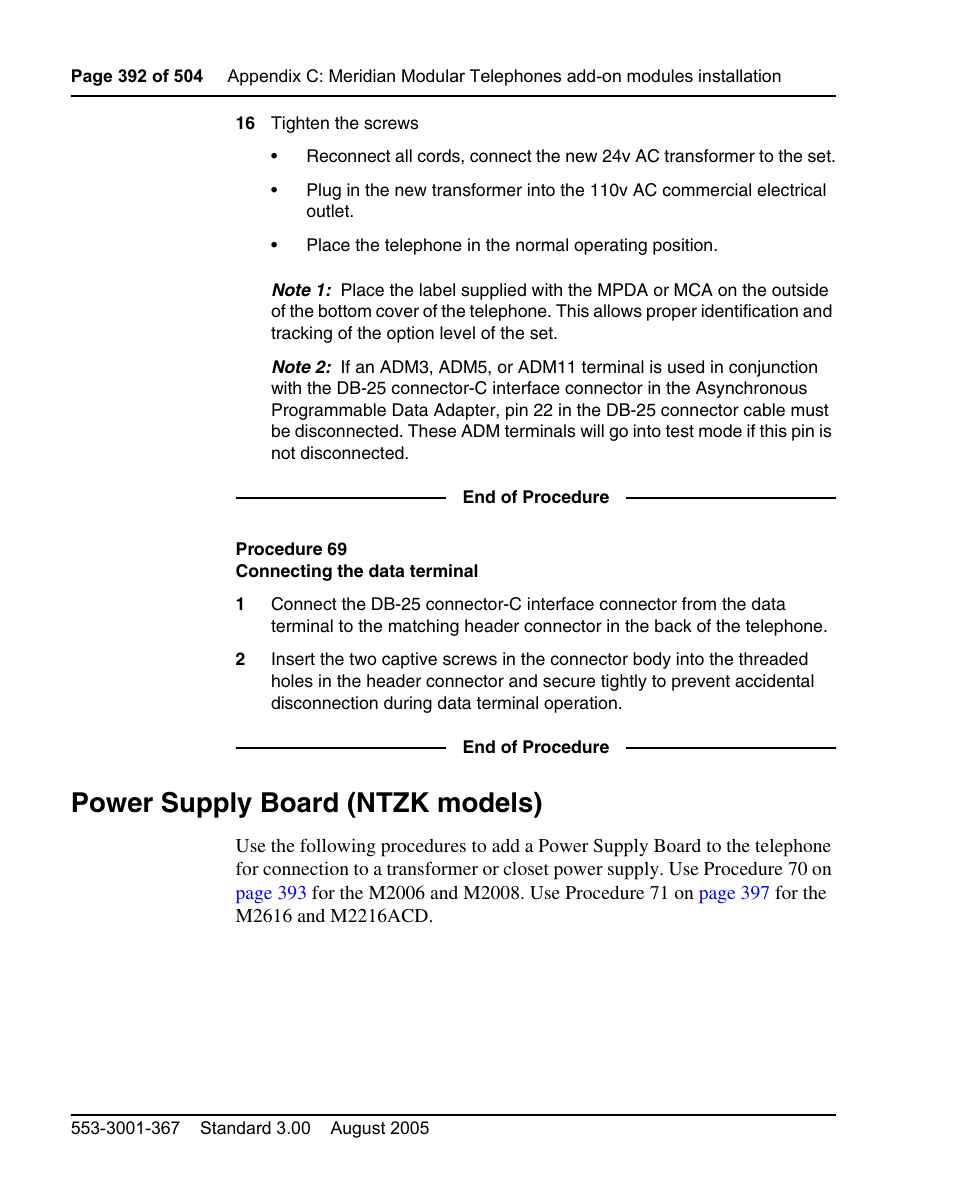 Power supply board (ntzk models), Procedure 69 connecting the data terminal | Nortel Networks M3110 User Manual | Page 392 / 506