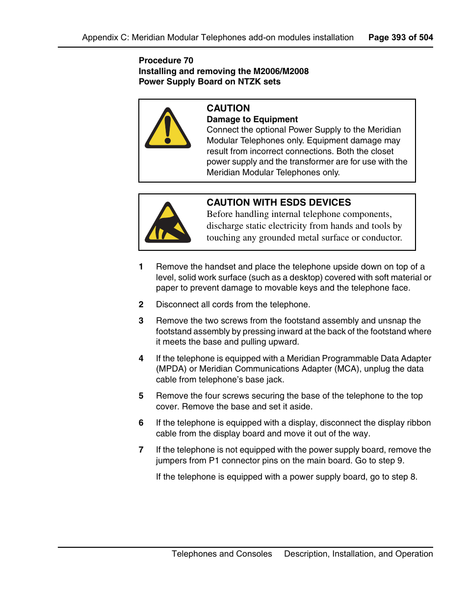 Ee procedure 70 on, Ly. use procedure 70 on | Nortel Networks M3110 User Manual | Page 393 / 506