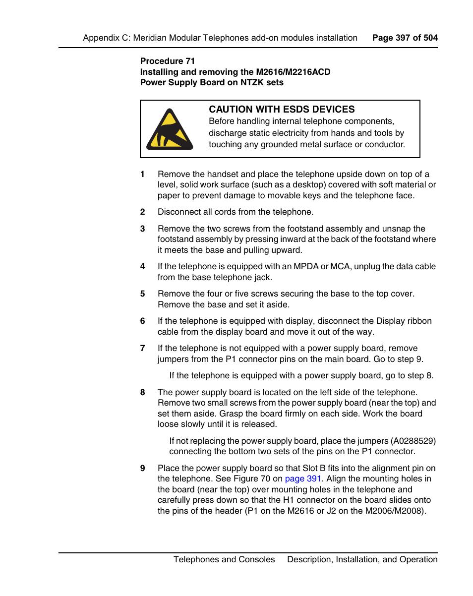 Ee procedure 71 on, E procedure 71 on | Nortel Networks M3110 User Manual | Page 397 / 506