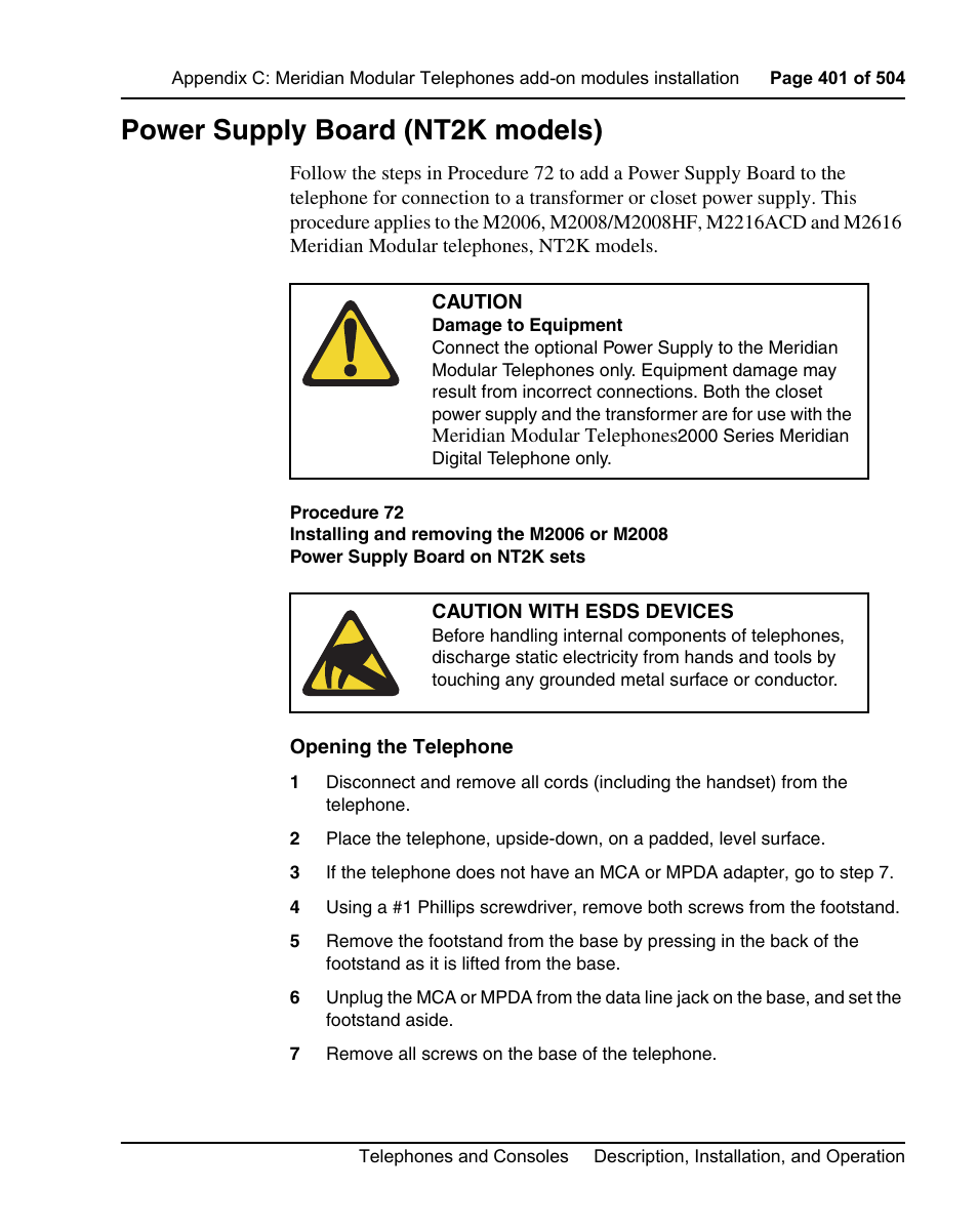 Power supply board (nt2k models), Ee procedure 72 on | Nortel Networks M3110 User Manual | Page 401 / 506
