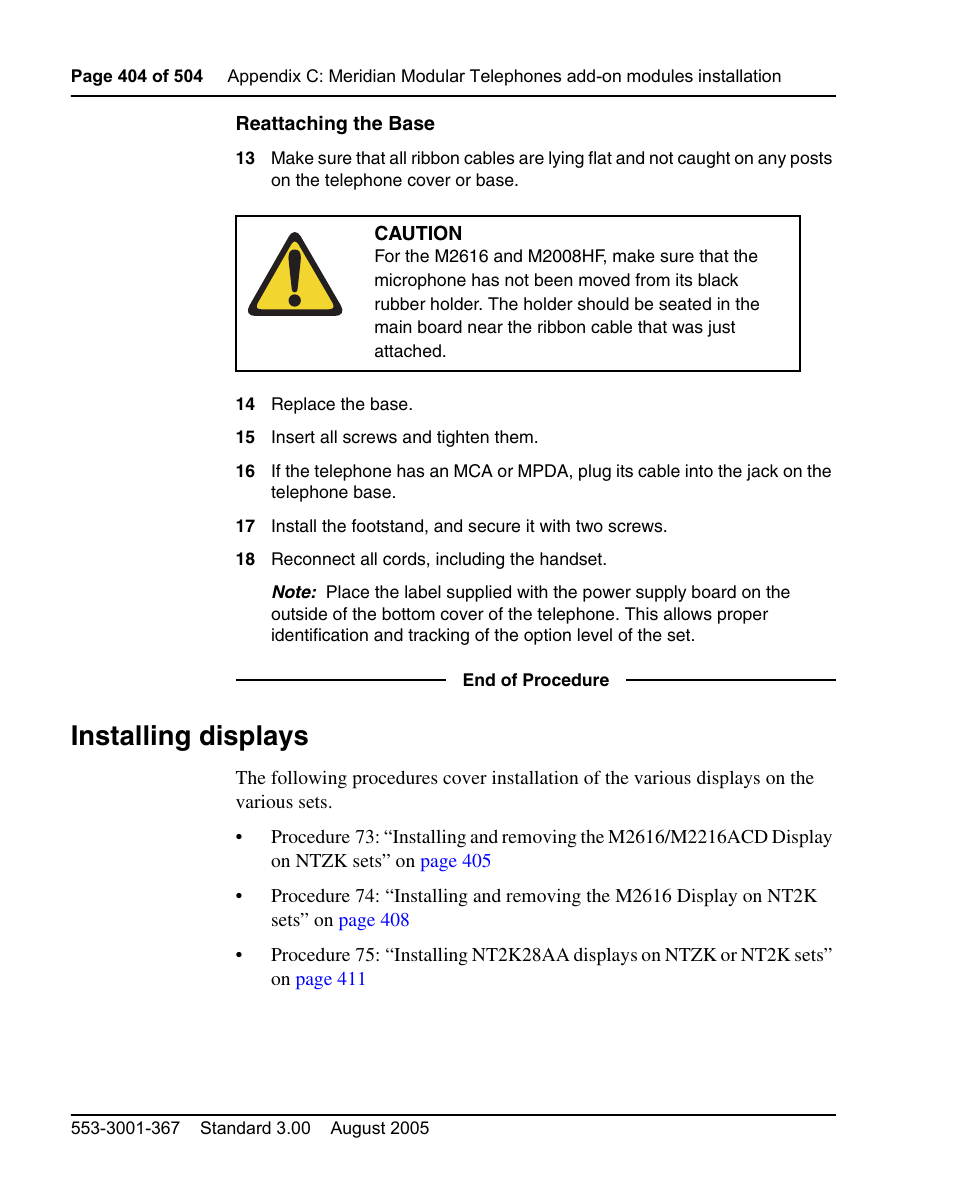 Installing displays | Nortel Networks M3110 User Manual | Page 404 / 506
