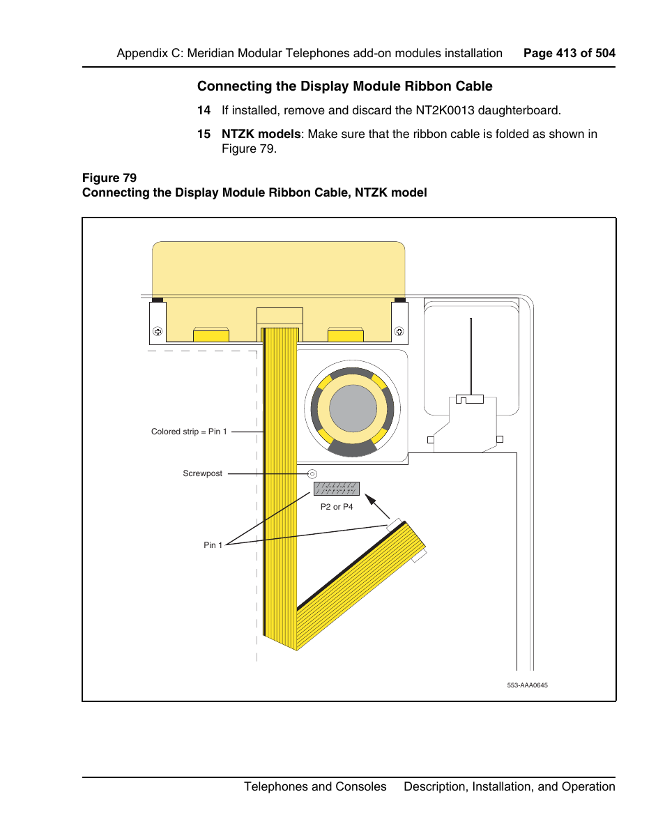 Connecting the display module ribbon cable | Nortel Networks M3110 User Manual | Page 413 / 506