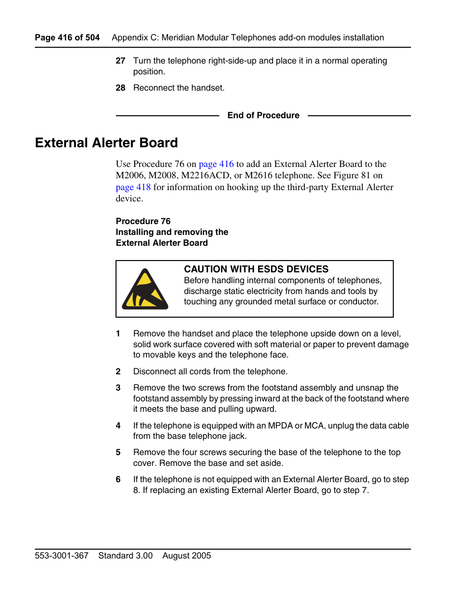 External alerter board, External alerter board” on | Nortel Networks M3110 User Manual | Page 416 / 506