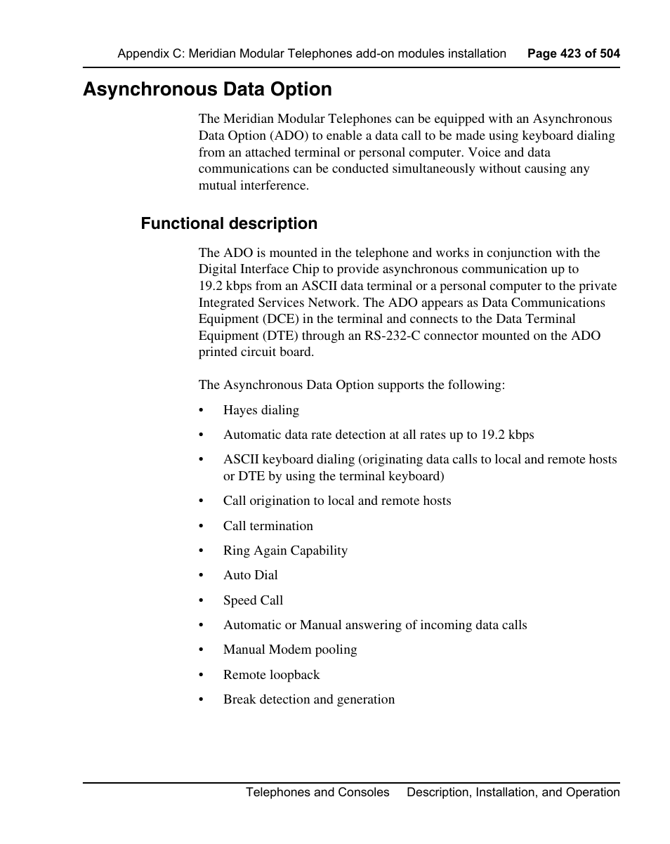 Asynchronous data option, Functional description | Nortel Networks M3110 User Manual | Page 423 / 506
