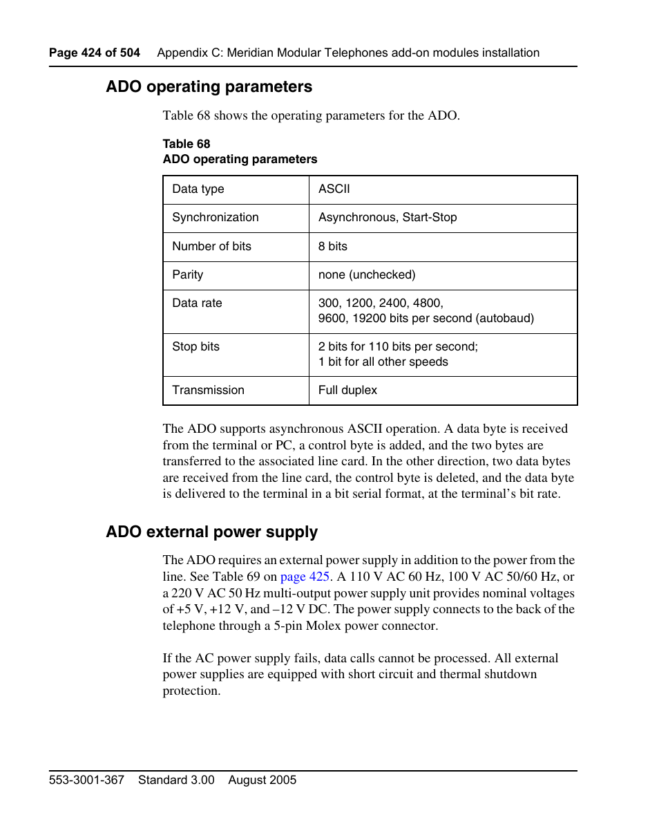 Ado operating parameters, Ado external power supply | Nortel Networks M3110 User Manual | Page 424 / 506