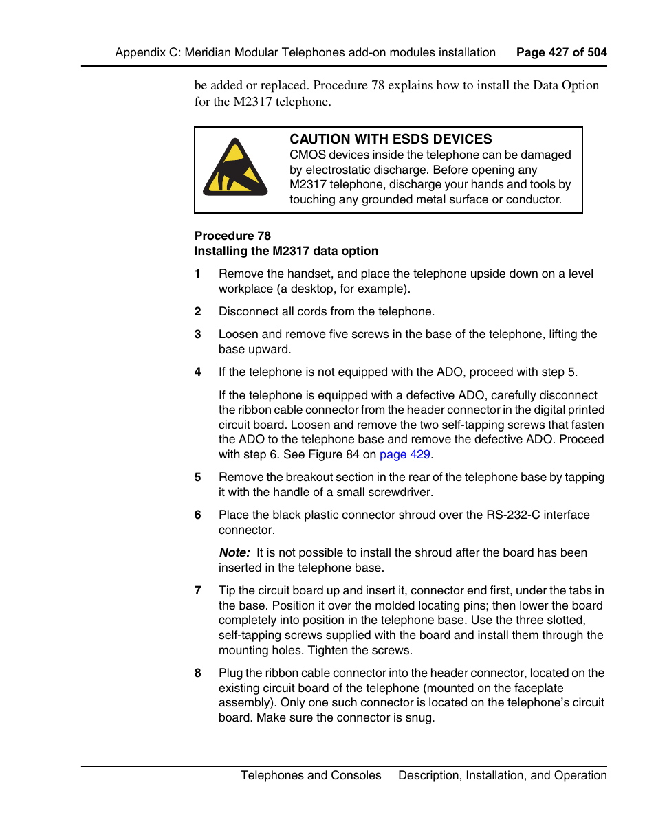 Procedure 78 installing the m2317 data option, Procedure 78 on | Nortel Networks M3110 User Manual | Page 427 / 506