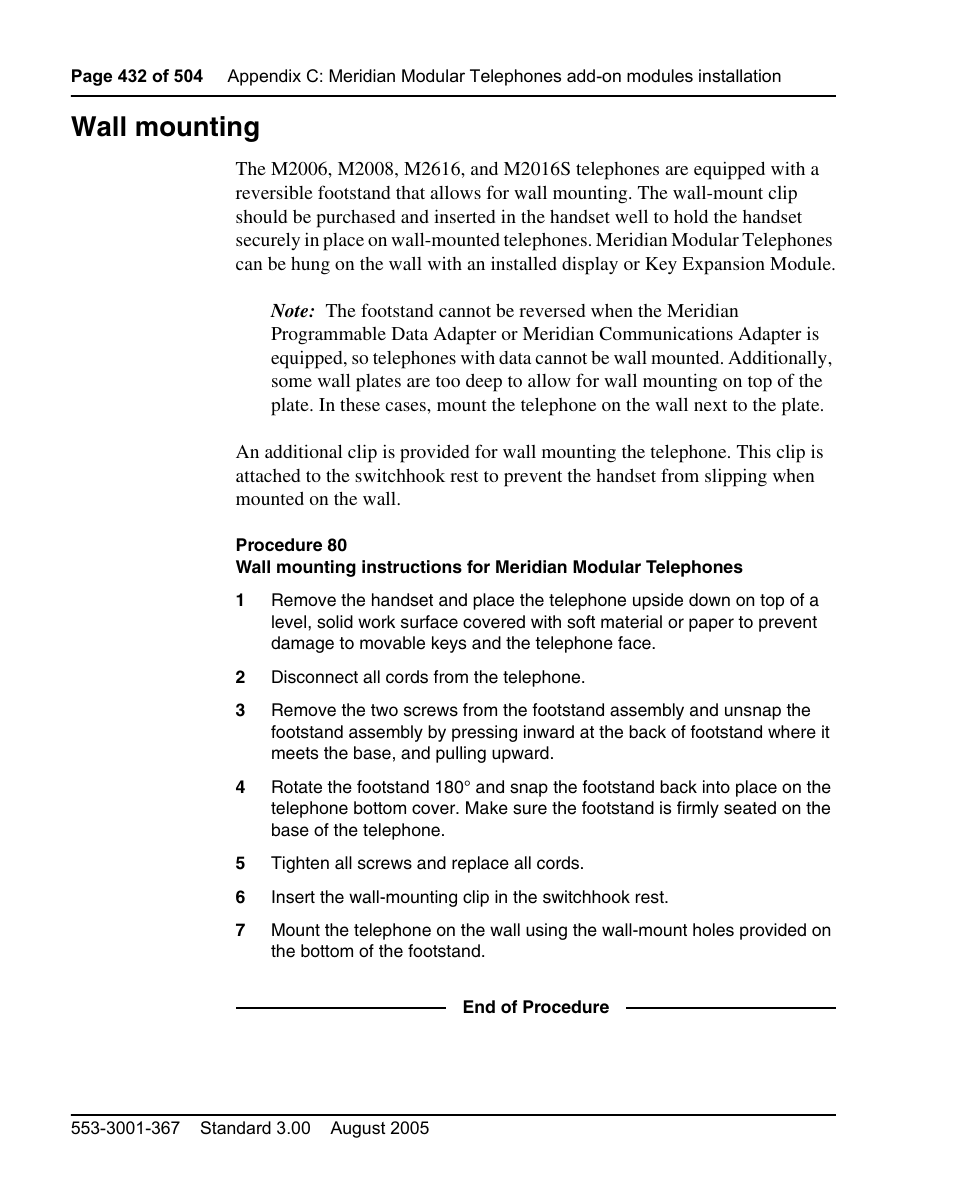 Wall mounting | Nortel Networks M3110 User Manual | Page 432 / 506
