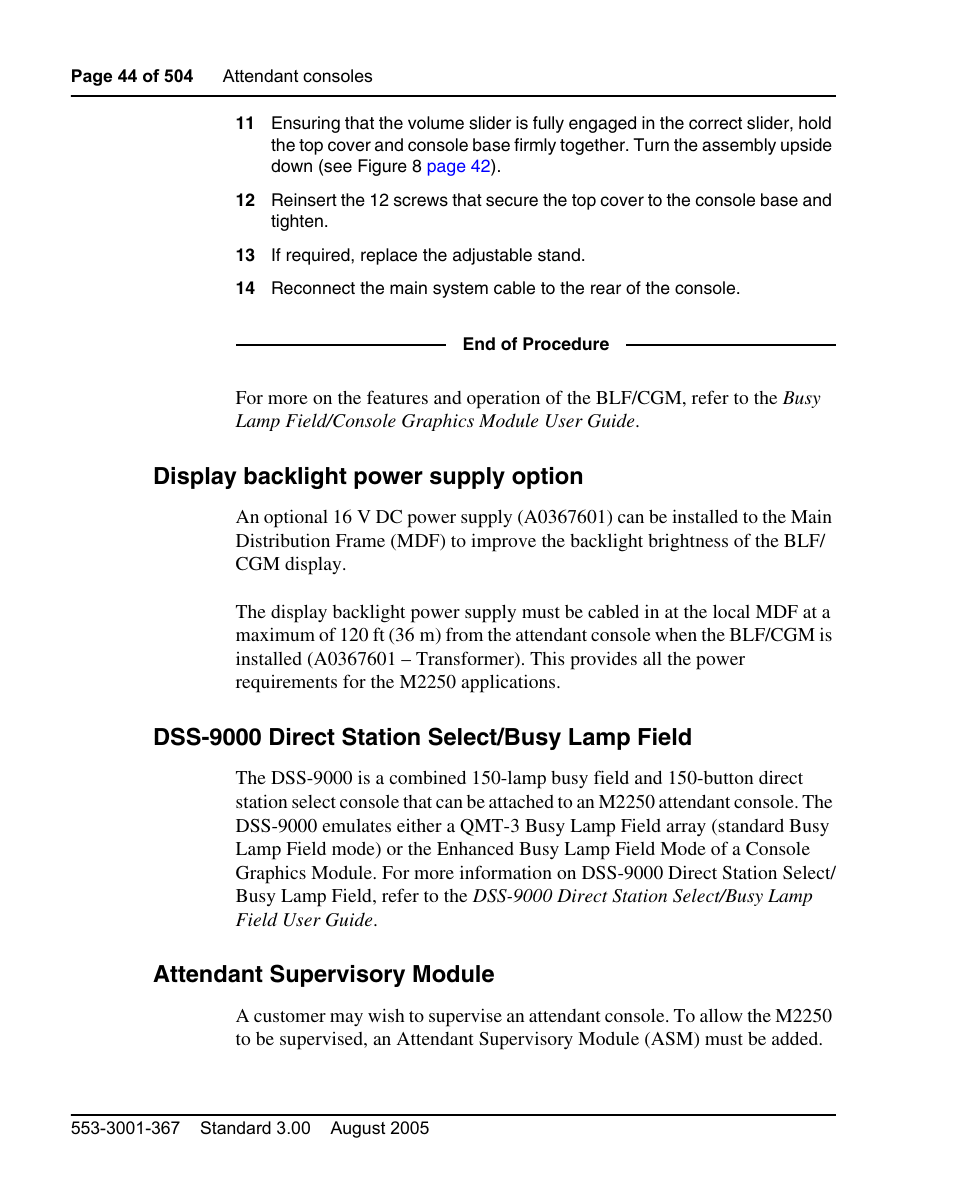 Display backlight power supply option, Dss-9000 direct station select/busy lamp field, Attendant supervisory module | Nortel Networks M3110 User Manual | Page 44 / 506