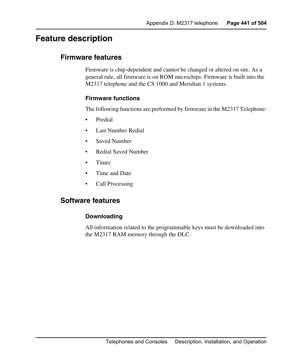 Feature description, Firmware features, Software features | Nortel Networks M3110 User Manual | Page 441 / 506