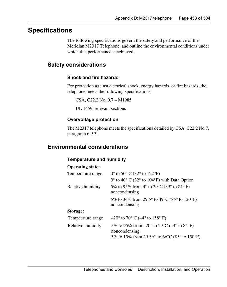 Specifications, Safety considerations, Environmental considerations | Nortel Networks M3110 User Manual | Page 453 / 506