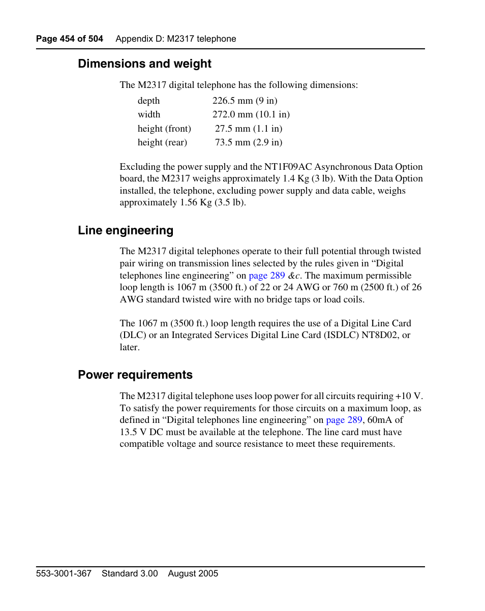 Dimensions and weight, Line engineering, Power requirements | Nortel Networks M3110 User Manual | Page 454 / 506