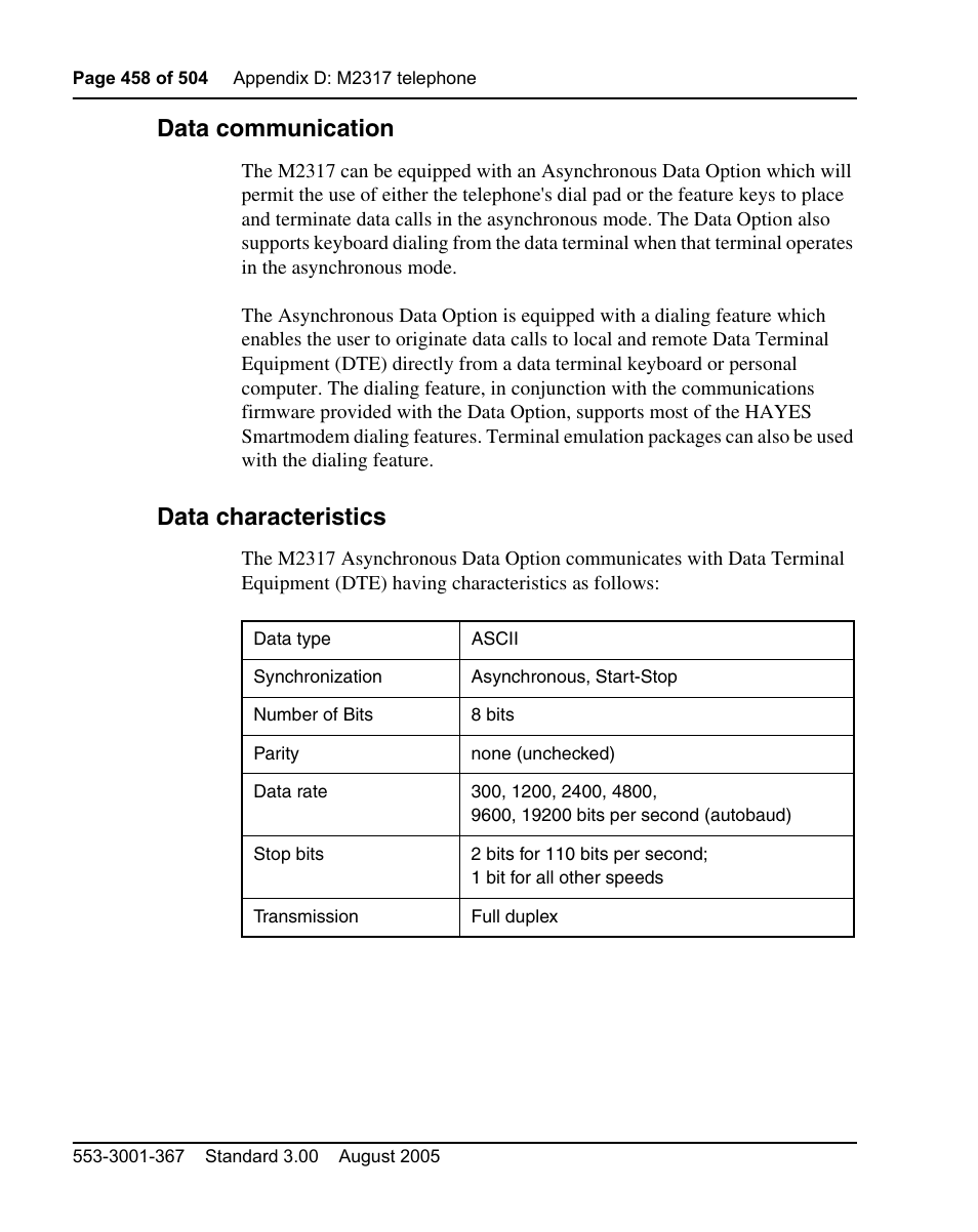 Data communication, Data characteristics | Nortel Networks M3110 User Manual | Page 458 / 506
