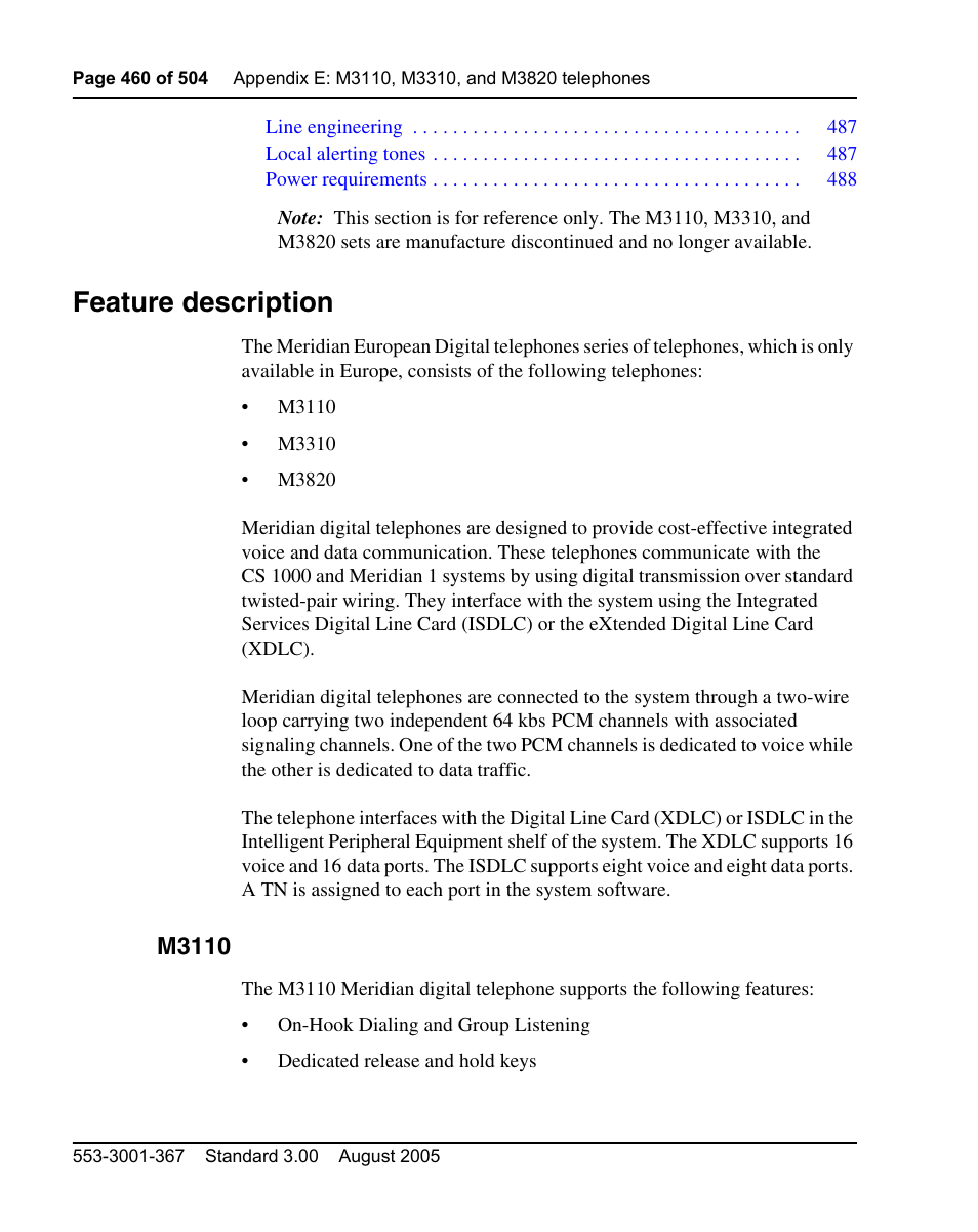 Feature description, M3110 | Nortel Networks M3110 User Manual | Page 460 / 506