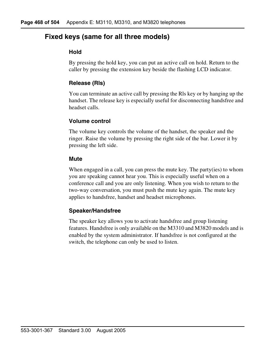 Fixed keys (same for all three models) | Nortel Networks M3110 User Manual | Page 468 / 506