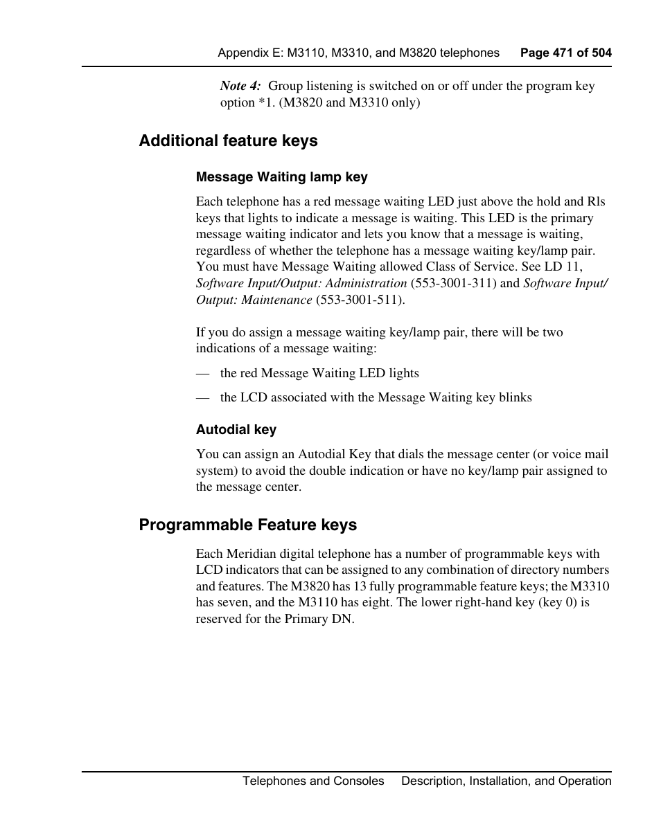 Additional feature keys, Programmable feature keys | Nortel Networks M3110 User Manual | Page 471 / 506